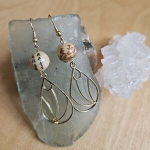 Handmade Asian Inspired Gold Teardrop Earrings Chinese Calligraphy Earrings